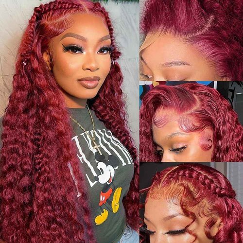 YFFSSJFC 99j Burgundy Lace Front Wigs Human Hair 13x4 Frontal Transparent Lace Deep Wave Wig Human Hair Red Frontal Wigs Human Hair (22 Inch)