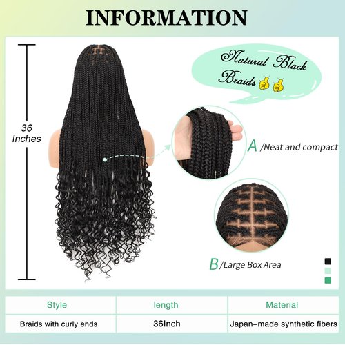 Fecihor 13x8 Inch HD Lace Front Box Knotless braided Wigs With Baby Hair Braided Wig For Women With Boho Curly Ends Black Premium Synthetic 36 Inch