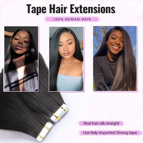 100G Tape in Hair Extensions Yaki Straight Tape in Human Hair Extensions 4C for Black Women 40Pcs Double Sided Seamless Skin Weft Tape on Hair Pieces InvisibleTape ins 18 Inch for Short Hair