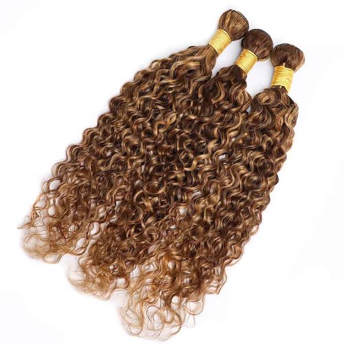 Dokksiiia Piano Color P4/27 Highlight Curly Wave Bundles Chocolate Brown and Honey Blonde Track Mix Curly Weave Bundles Double Weft Brazilian Human Hair Extensions 16 18 20 Inch