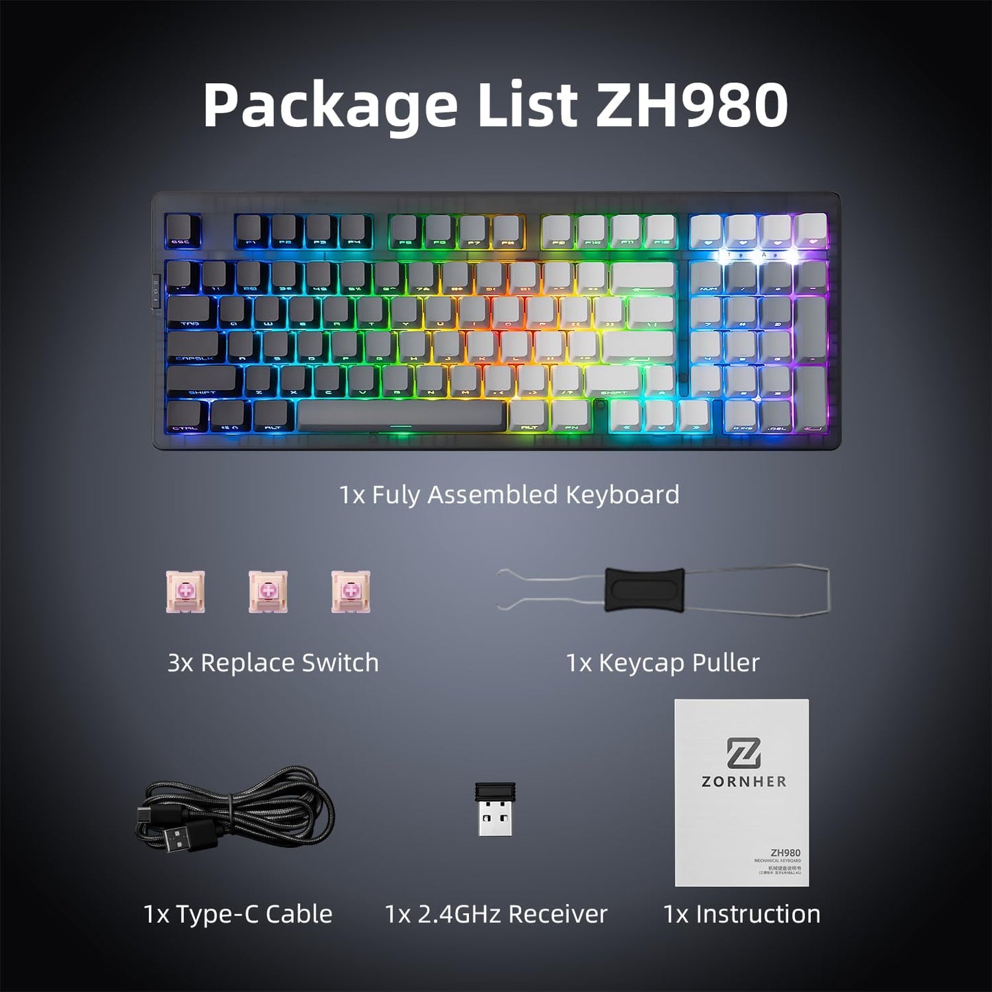 Zornher ZH980 Wireless Mechanical Gaming Keyboard,95% Black & White Hot-Swappable Custom Creamy keyboard With Number Pad,Lighted Up PBT Keycaps,Pre-lubed Linear Switches,RGB Backlit,2.4GHz/USB-C/BT5.0
