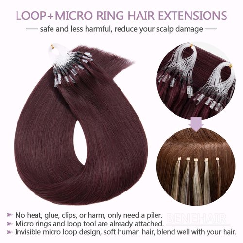 Benehair Micro Loop Hair Extensions Real Human Hair Wine Red Microlink Hair Extensions Human Hair 24inch Micro Link Hair Extensions for Women Invisible Natural Hair Extensions Add Volume