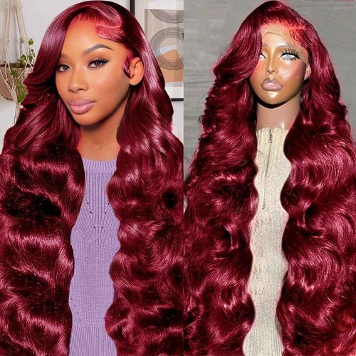 KOCOPOM 24inch Burgundy Lace Front Wigs Human Hair 13x6 Body Wave HD Lace Frontal Wigs Pre Plucked 180% Density Glueless Wigs Red Wig Wine Red for Women with Baby Hair