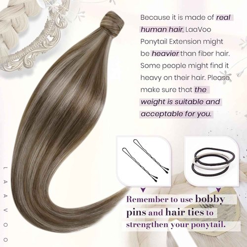 LaaVoo Ponytail Extension Human Hair Blonde Ponytail Hair Extensions Gloden Brown Highlight Blonde 12 Inch 70g