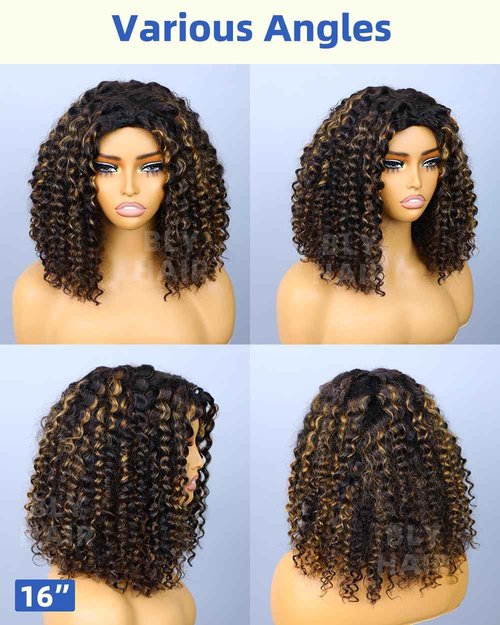 BLY Highlight Water Wave Half Wig Human Hair 3 in 1 Glueless Drawstring Flip Over Wear Go Wig for Women 1B 30 Color 180 Density Short Bob Wigs 12 Inch