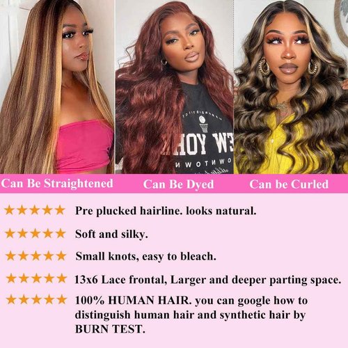 SWEETGIRL 13x6 Lace Front Wigs Human Hair Highlight Ombre Lace Front Wig Human Hair Honey Blonde Colored Hd Lace Frontal Wigs for Women Pre Plucked Body Wave Wig 180 Density 24 Inch P4/27