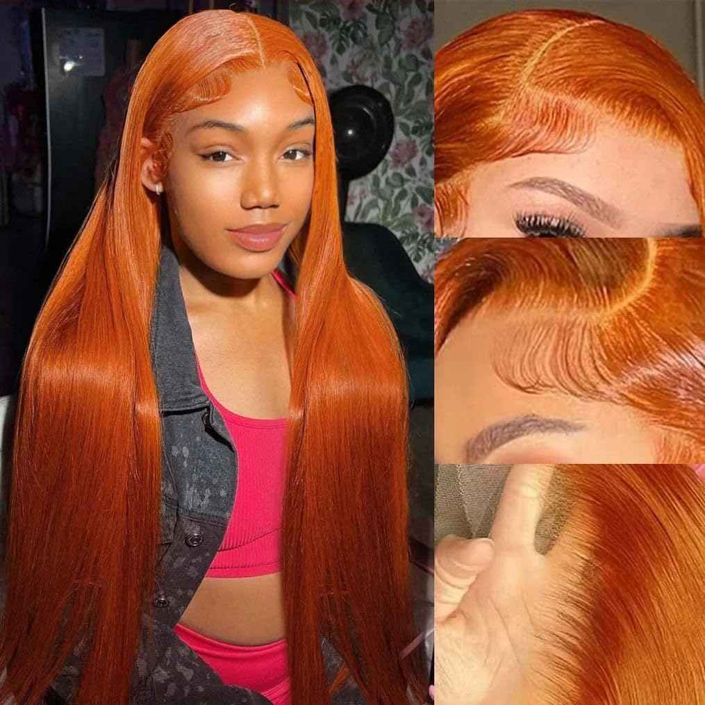 28 Inch Ginger Orange Lace Front Wigs Human Hair Pre Bleached 200% Density 13x6 HD Straight Lace Front Wigs Pre Plucked with baby Hair