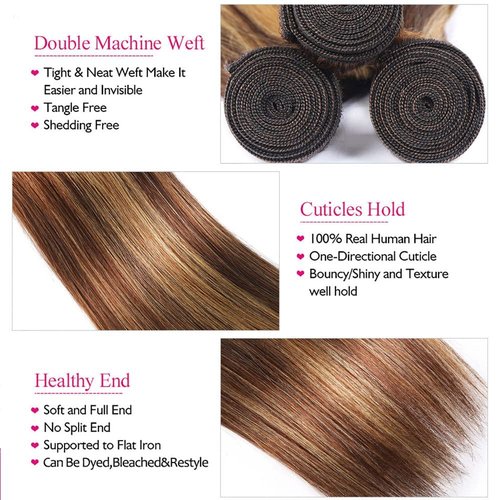 Habiliana Bundles Human Hair 20 22 24 Inch Straight Wave P4/27 Human Hair Bundles 11A Unprocessed Brazilian Virgin Quick Weave Hair Extensions for Black Women