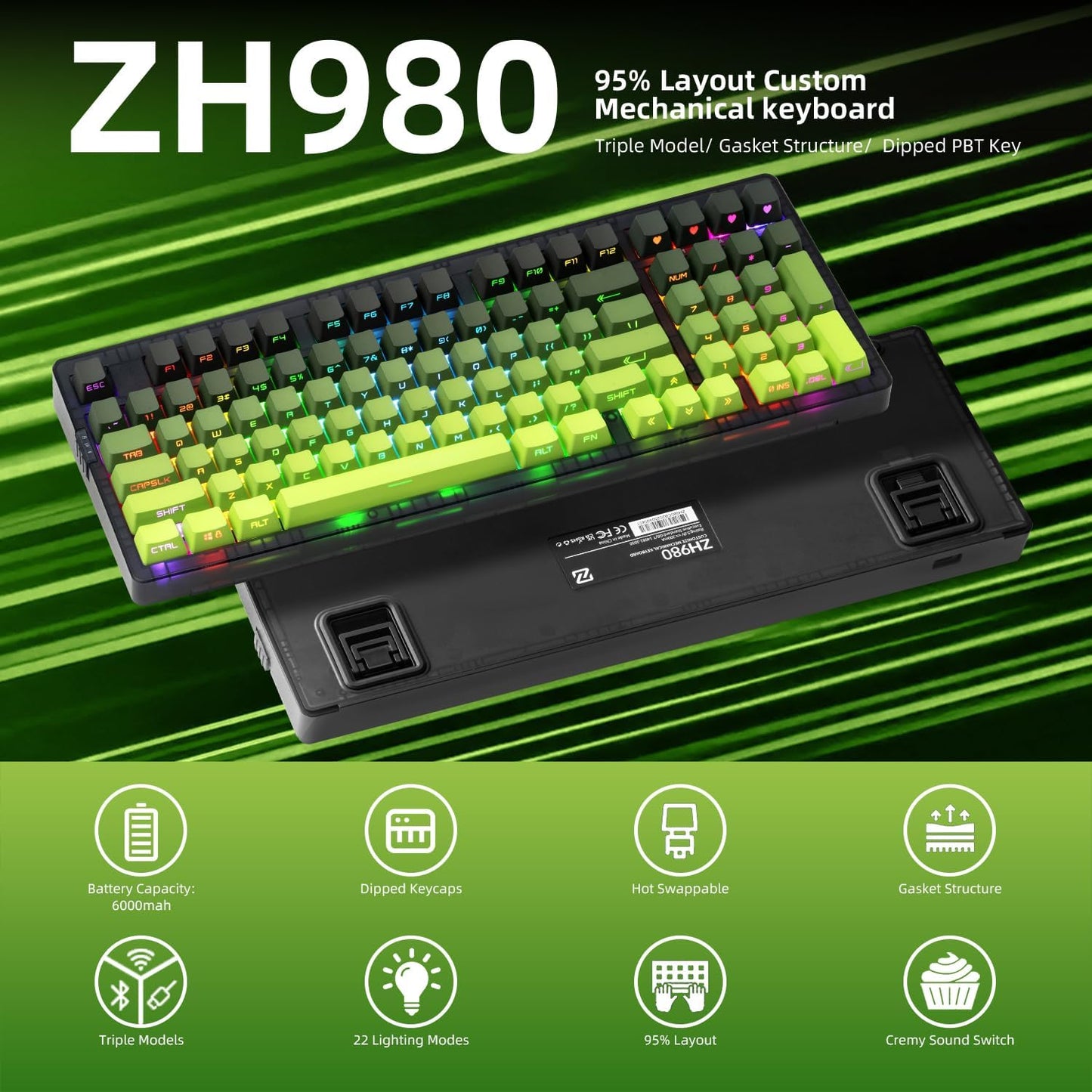 Zornher ZH980 Wireless Mechanical Gaming Keyboard,95% Black & White Hot-Swappable Custom Creamy keyboard With Number Pad,Lighted Up PBT Keycaps,Pre-lubed Linear Switches,RGB Backlit,2.4GHz/USB-C/BT5.0