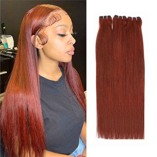 HERMOUS 13A Double Drawn Reddish Brown Straight Human Hair Bundles, Full and Thick Copper Red 100% Brazilian Raw Hair 3 Weave Auburn Colored 33B Brownish Straight Bundles 12 14 16 Inch Sew In
