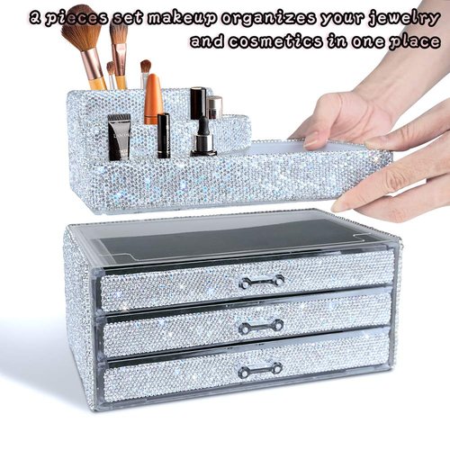 KEYPOWER Makeup Organizers Drawer Bling Diamond,Countertop Jewelry Cosmetic Storage Display Boxes,Makeup Brush Holder,2 Pieces Set(Purely Handmade)(White)