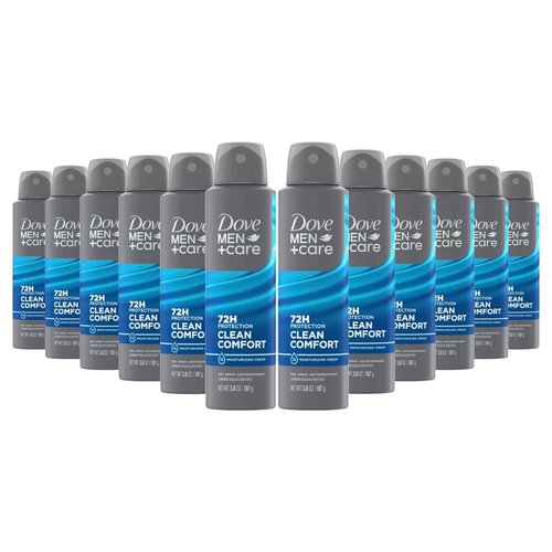 Dove Men+Care Antiperspirant Deodorant Clean Comfort, Pack of 12, Dry Spray For Men 72-hour Sweat and Odor Protection with Triple Defense Technology 3.8 oz