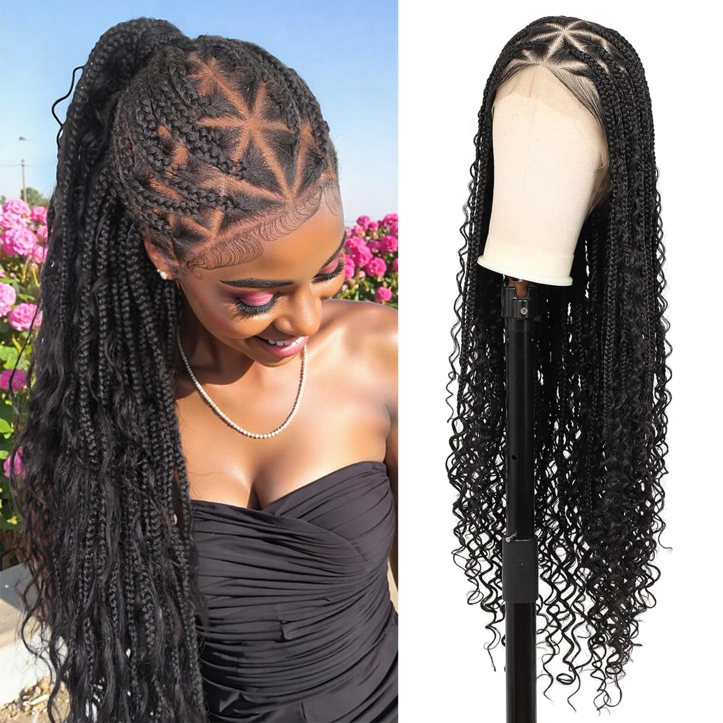 KERNORV 360° HD Full Lace Triangle Knotless Braided Wigs for Women Boho Braided Wigs with Curly Ends Full Lace Box Braid Wig with Baby Hair Premium Synthetic Braided Lace Front Wig 36" Black