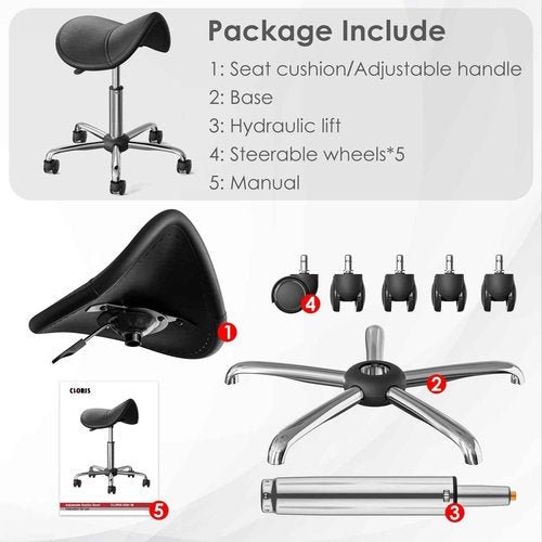 CLORIS Saddle Rolling Stool Hold up to 400 LBS Height Adjustable Swivel Chair Metal Feet with Wheels for Spa, Massage, Salon, Home, Office, Medical, Tatoo, Bar Black