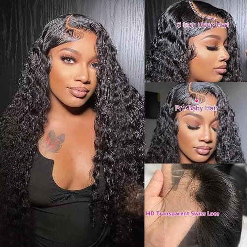 DaXunDi Deep Wave Lace Front Wigs Human Hair Pre Plucked 13x6 Curly Human Hair Wig 200% Density Wet and Wavy Hd Lace Front Wigs Curly Brazilian Black Deep Wave Wigs for Women Human Hair(24 Inch)
