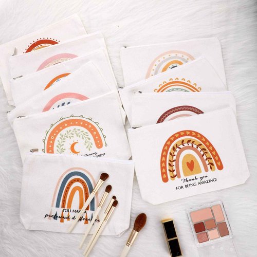 Sieral Rainbow 50 Pcs Canvas Makeup Bags Bulk Inspirational Quotes Cosmetic Bags Makeup Pouch with Zipper for Women Teacher Appreciation Thank You Gifts for Teacher Volunteer Employee Coworker