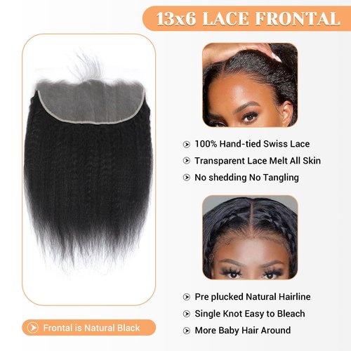 13x6 Lace Frontal Human Hair Kinky Straight HD Transparent Ear to Ear Lace Closure With Baby Hair Free Part 100% Virgin Human Hair Frontal Natural Black 14 Inch