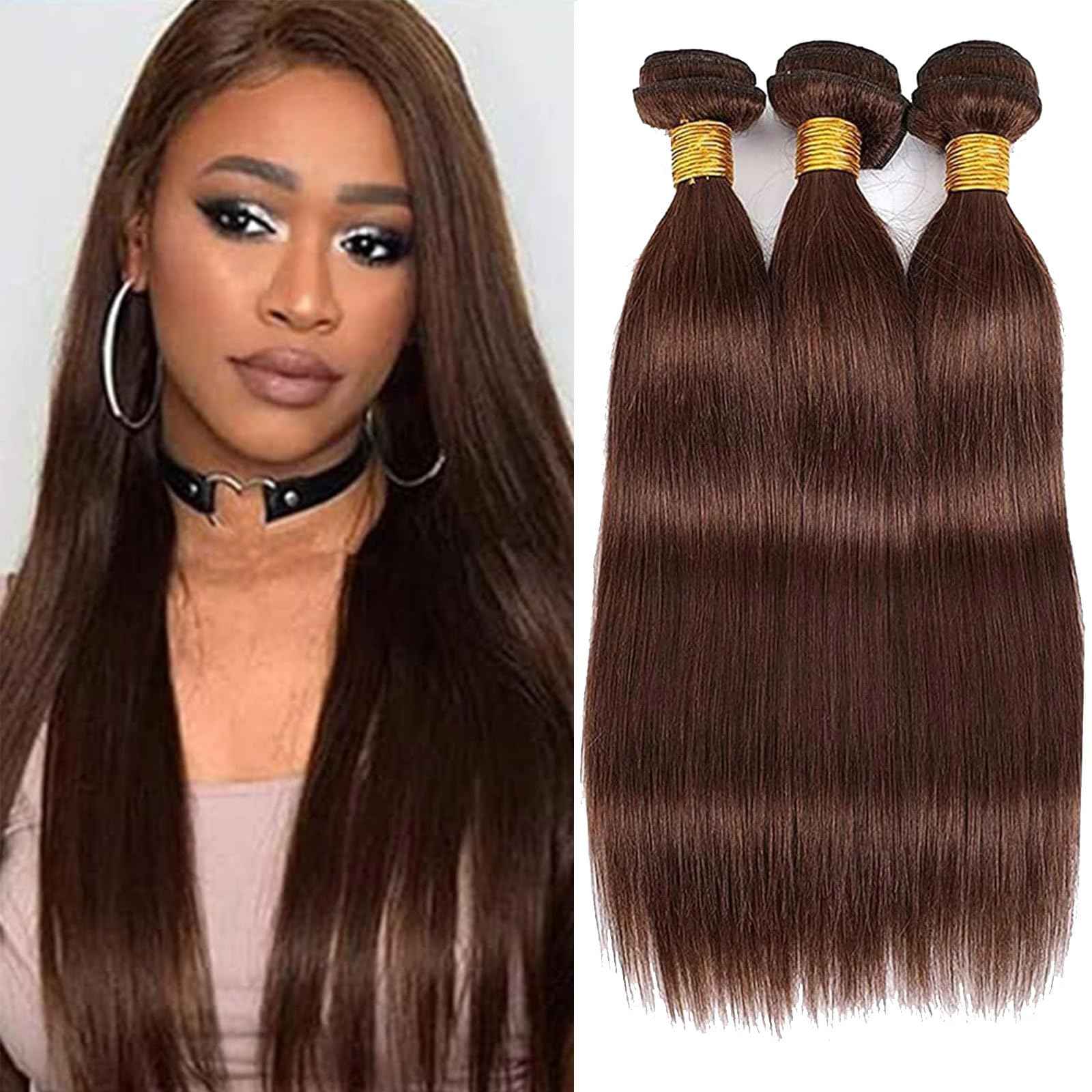 Habiliana Bundles Human Hair 26 28 30 Inch Straight Dark Brown 4 Human Hair Bundles 11A Unprocessed Brazilian Virgin Quick Weave Hair Extensions for Black Women