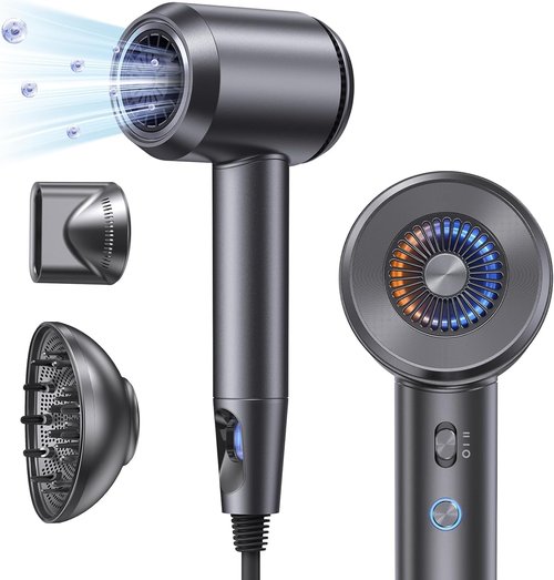 Hair Dryer with Diffuser: Gift for Women Men with 700 Million Hair Care Ions, 37m/s High Speed Blow Dryer with 160000 RPM, 1500W, 5 Heat & 2 Speed Setting, Low Noise Thermo-Control (Metallic Gray)