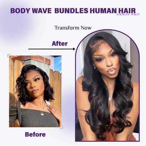 Vanlov Body Wave Human Hair - 3 Bundles Brazilian Remy Hair, Body Wave, Natural Black