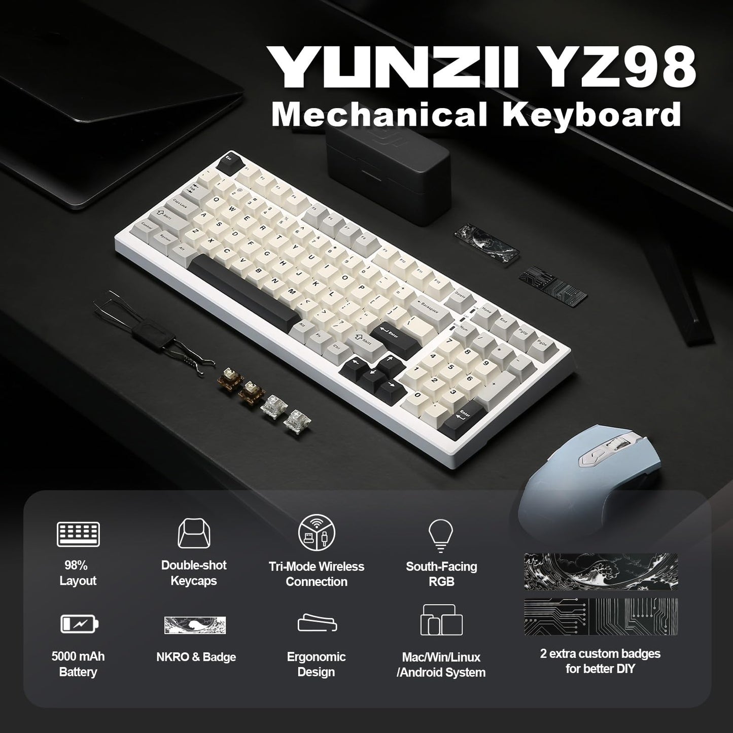 YUNZII YZ98 Gasket Mechanical Keyboard,99 Key Hot Swappable BT5.0/2.4G/USB-C Wireless NKRO 98% 1800 Layout with RGB LED Backlit for Linux/Win/Mac(Milk Switch, White)