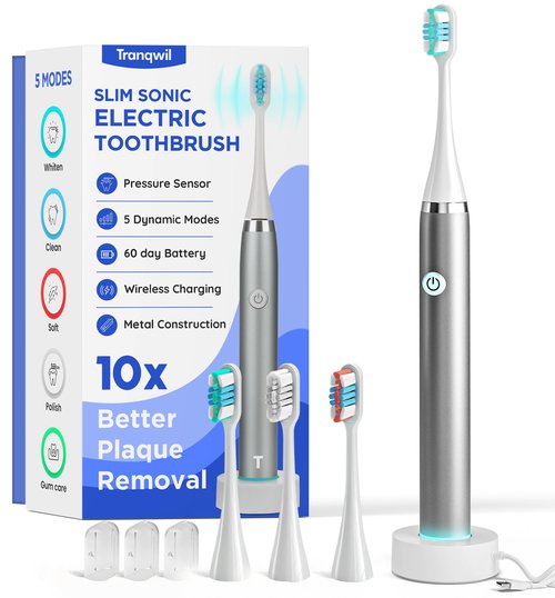 Tranqwil Slimsonic Electric Toothbrush - Vibration Plate Brushhead, 42,000 VPM Motor, 60 Day Charge, 5 Modes, 2 Min Built-in Smart Timer (Silver Metal)