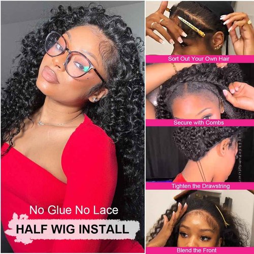 SOXSKIX Half Wig Human Hair 20 Inch Water Wave Half Wig 3 in 1 Glueless Wigs 200 Density Wear and Go Wigs Seamless Flip Over with Drawstring Beginner Friendly Curly Wig Headband Wig for Women