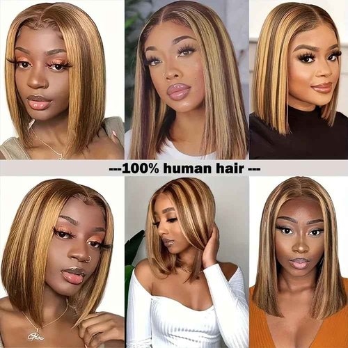 Highlight 4/27 Honey Blonde Wear and Go Glueless Bob Wig Human Hair 5x5 Hd Lace Closure Wigs 12 Inch 200 Density Straight Ombre Brown Bob Lace Front Wig No Glue Pre Plucked Baby Hair for Women