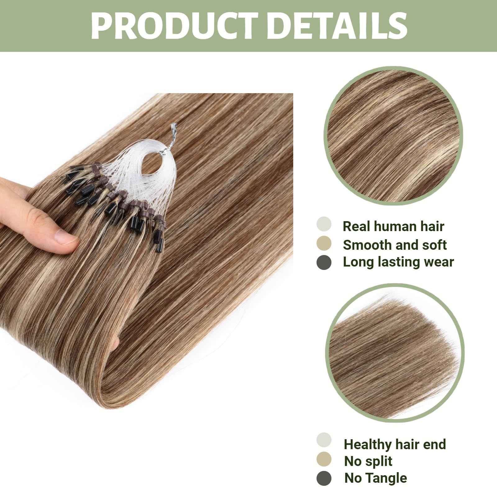 MicroLink Hair Extensions Human Hair Micro Loop Extension 0.5g/Strand 100 Strands 50g Silky Straight Micro Link Human Hair Invisible Micro Bead Hair Extensions 20 Inch, #4/613 Brown Mix with Blonde