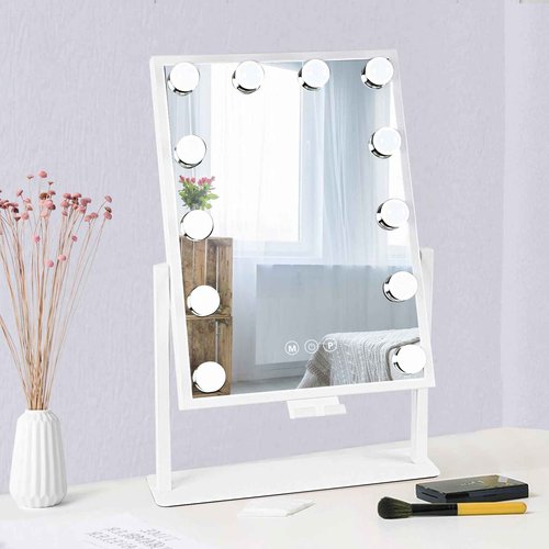 BWLLNI Vanity Mirror with Lights, Hollywood Lighted Makeup Mirror with Phone Holder, Smart Touch Control, 3 Color Lighting Modes, Detachable 10X Magnification, 360°Rotation(White)