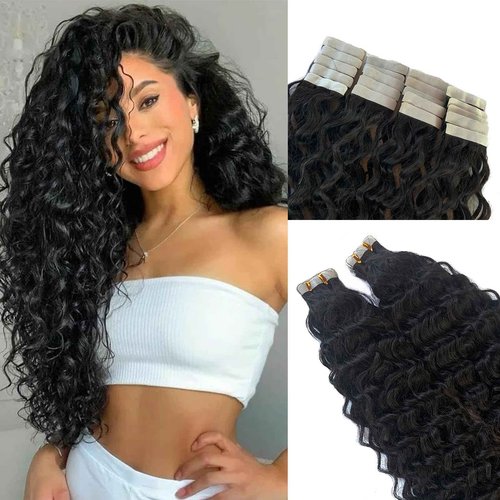 Loose Curly Tape in Human Hair Extensions 18Inch #1B Natural Black Water Wave Tape ins 100% Real Human Hair Extensions for Black Women Double Sided Skin Weft 40PCS 100G