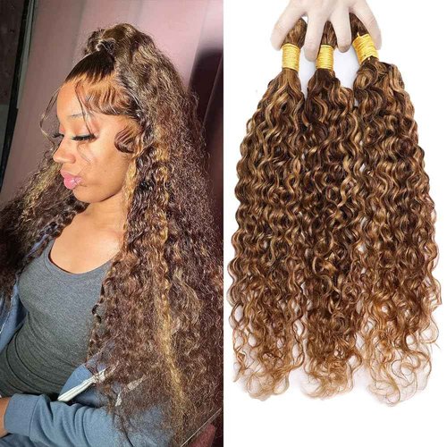 Dokksiiia Piano Color P4/27 Highlight Curly Wave Bundles Chocolate Brown and Honey Blonde Track Mix Curly Weave Bundles Double Weft Brazilian Human Hair Extensions 16 18 20 Inch