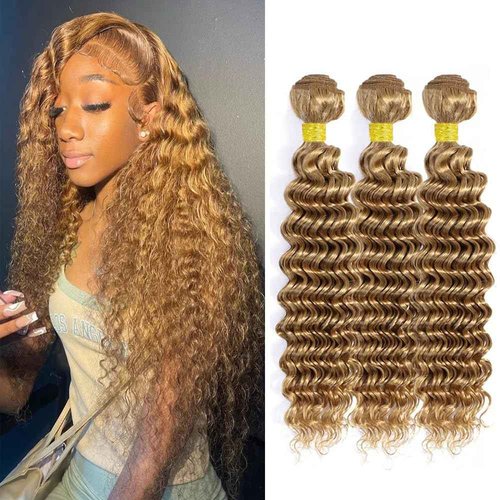 24 26 28 Inch Color 27 Bundles Human Hair Blonde Deep Wave Bundles Brazilian Virgin Remy Hair Extensions Double Weft Honey Blonde Human Hair Weave