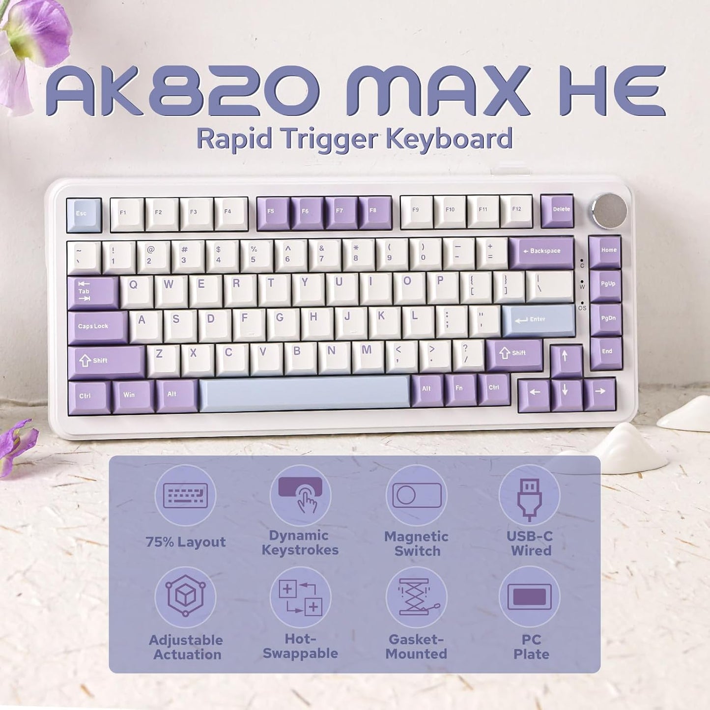 AJAZZ AK820 MAX HE Hall Effect Magnetic Gaming Keyboard, Adjustable Actuation, 8KHz Polling Rate, Wired Rapid Fast Keyboard, Creamy Gasket, RGB Backlight, NKRO for Win/Mac (White)