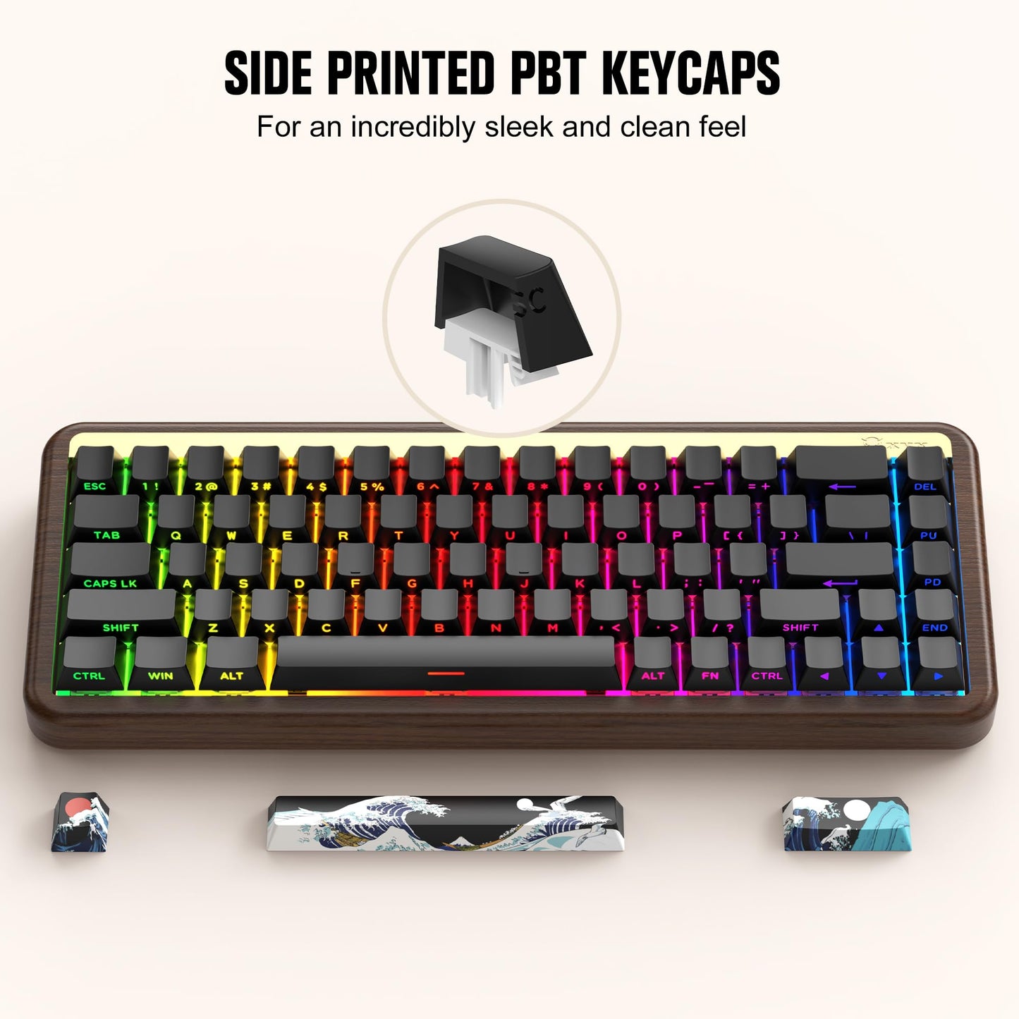 XVX M68 60% Mechanical Keyboard with Walnut Wooden Case, Gasket-Mounted Retro Gaming, Pre-lubed POM Switches, Hot Swappable Custom Wired, RGB Backlit, Cherry Profile