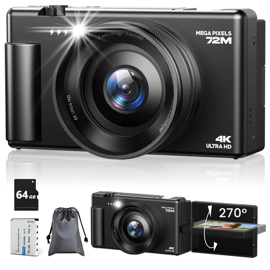 4K Digital Camera for Photography, 72MP Autofocus Vlogging Cameras for YouTube with 64GB SD Card and Battery, 18X Digital Zoom 2.8" 270° Flip Screen Compact Travel Camera for Teens