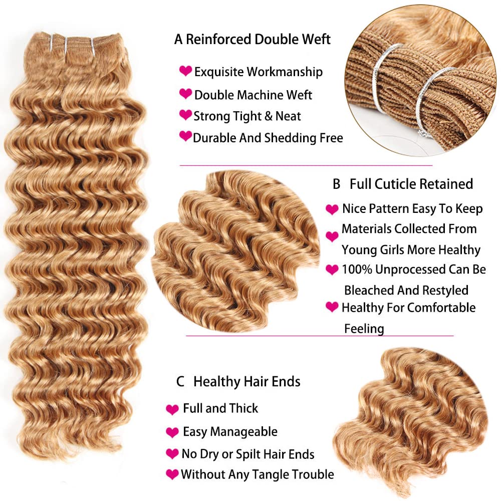 Honey Blonde Deep Wave Bundles Human Hair Unprocessed Brazilian Virgin Hair 16 18 20 Inch Color #27 Bundles Human Hair