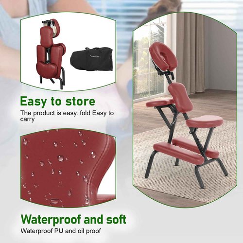 FDW Portable Massage Chair, Tattoo Chair, Foldable Spa Massage Chair, High Density Foam Height Adjustable SPA Salon Chair, Facial Brace for Customers with Backpack (Burgundy)
