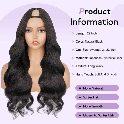 Long Wavy V Part Wigs For Black Women, Wear&Go Upgrade U Part Wig, Glueless Half Wig Heat Resistant Synthetic Hair Soft As Human Hair (24 Inch) (Natural Black, 24 Inch)