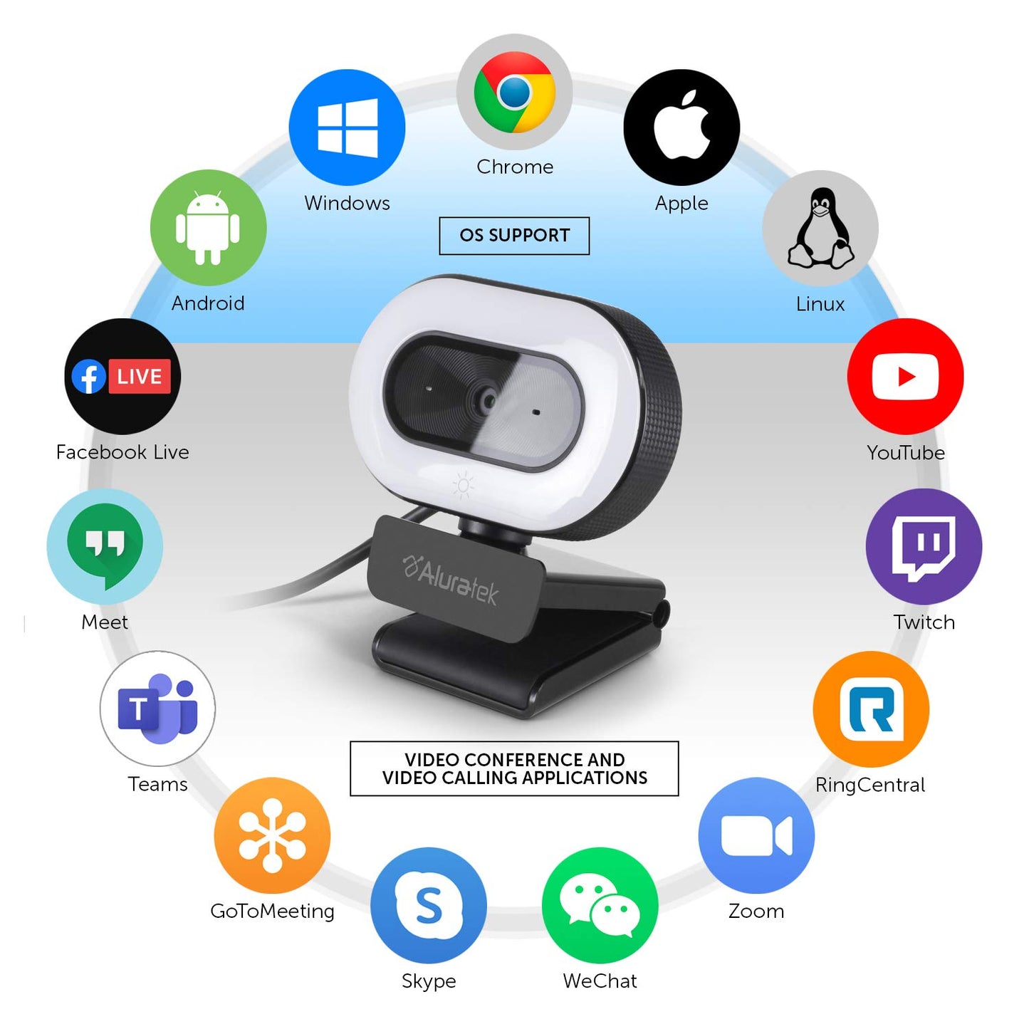 Aluratek 1080p HD Webcam with Ring Light, Auto Focus and Directional Noise Cancelling Mic, Universally Compatible, LED Adjustable Ring Light
