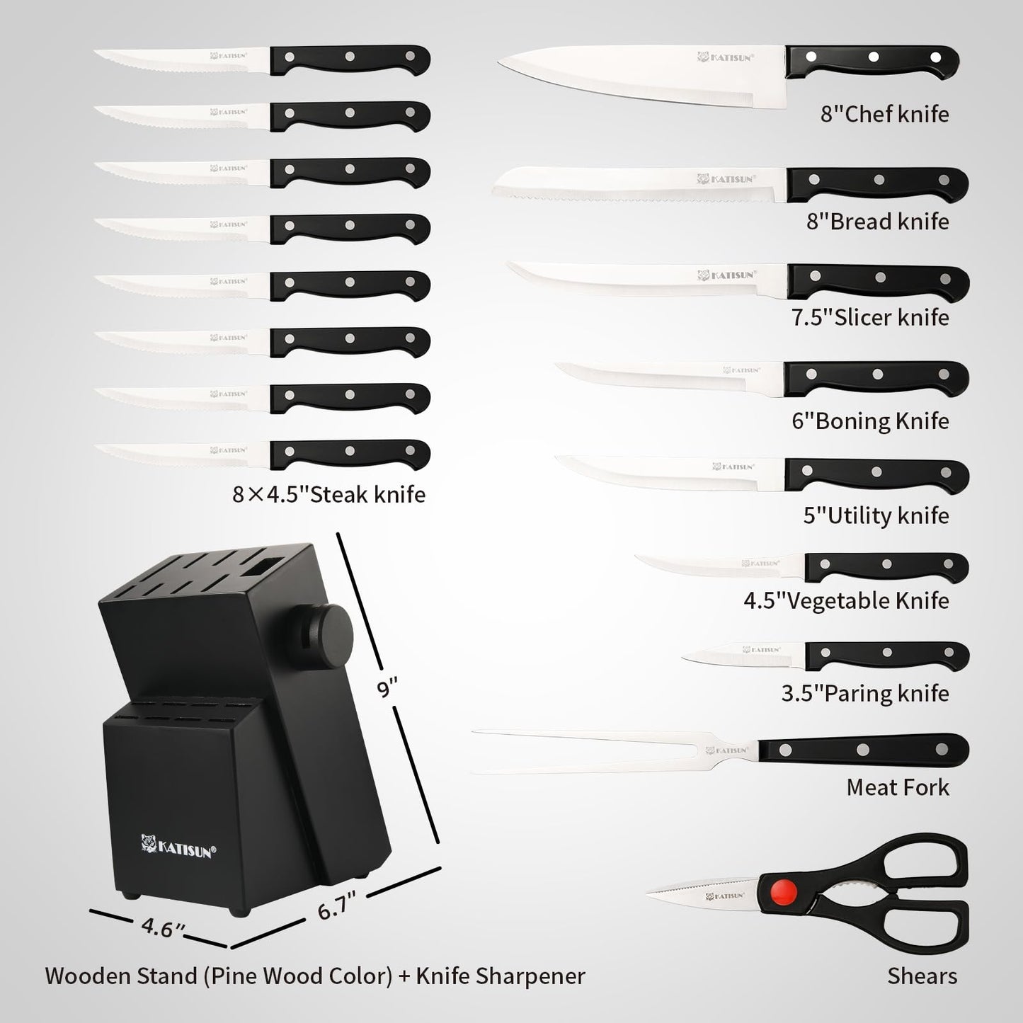 19-Piece Kitchen Knife Set - German Steel with Built-in Sharpener