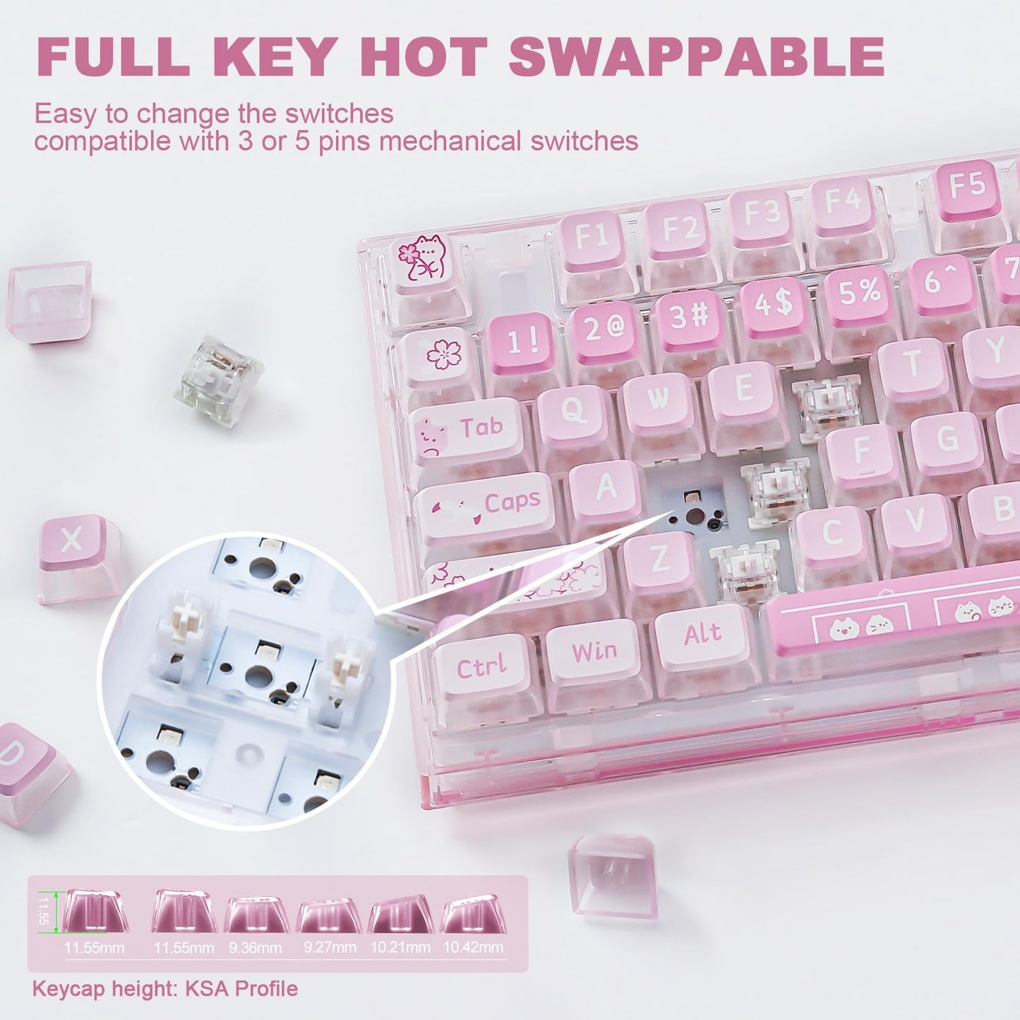 YUNZII X75 PRO 82 Key Wireless Hot Swappable Mechanical Gaming Keyboard with Transparent Keycaps,BT5.0/2.4G/USB-C, Gasket Mount Keyboard,for Windows/Mac (Kailh Jellyfish Switch, Wireless-Pink)