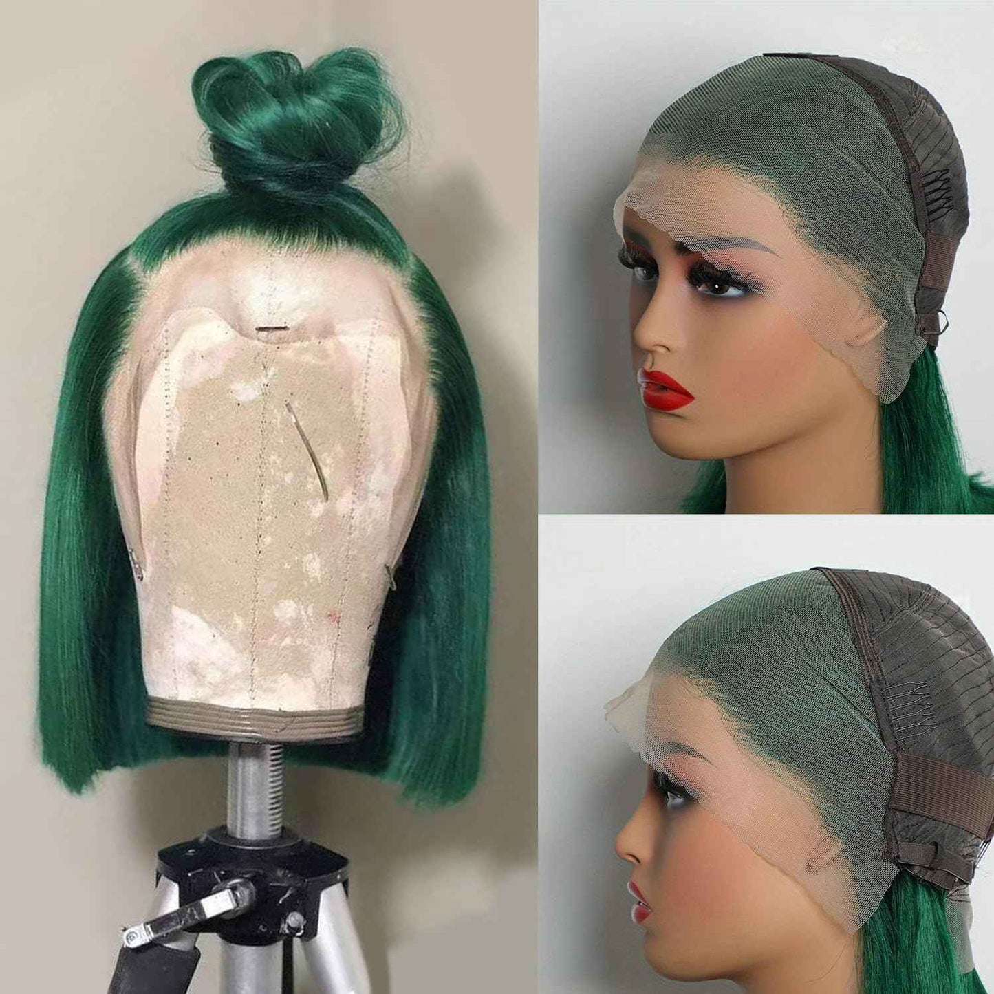 13x4 Transparent Lace Frontal Dark Green Bob Wig Human Hair Brazilian Virgin Short Bob Wigs 180% Density Dark Green 13x4 Lace Bob Wig Pre Plucked Natural Hairline with Baby Hair（8 Green)