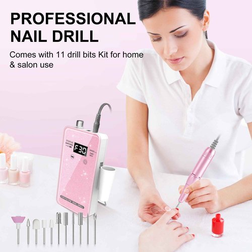Professional Electric Nail Drill File: COSYGLOW Glitter Portable E-File Nail Drill Kit with11 Drill Bits Pink&Black