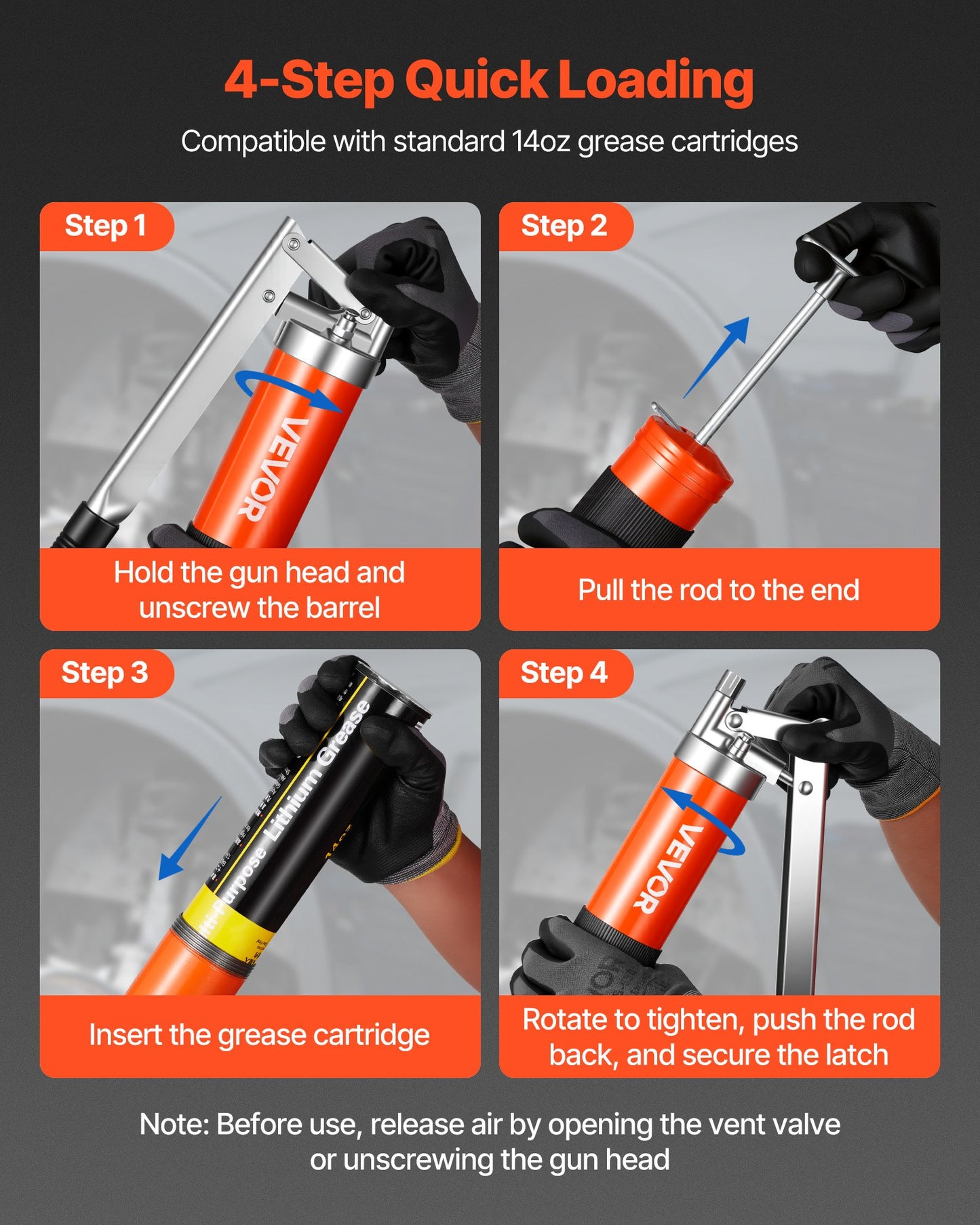 Heavy Duty Pistol Grip Grease Gun 10,000 PSI with 14 Oz Capacity & Flex Hose