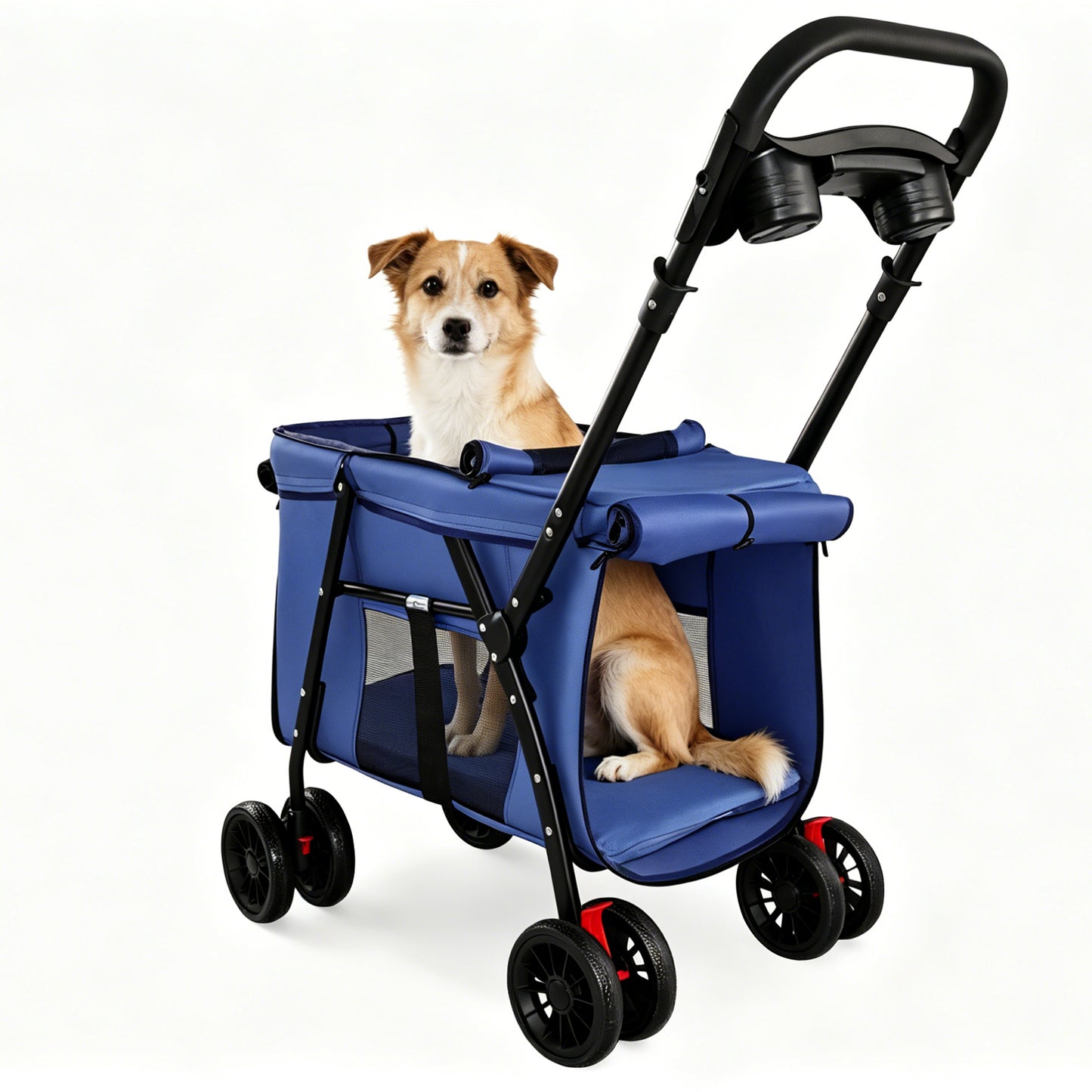 Foldable Pet Stroller with Breathable Mesh & Shockproof Wheels - Navy Blue