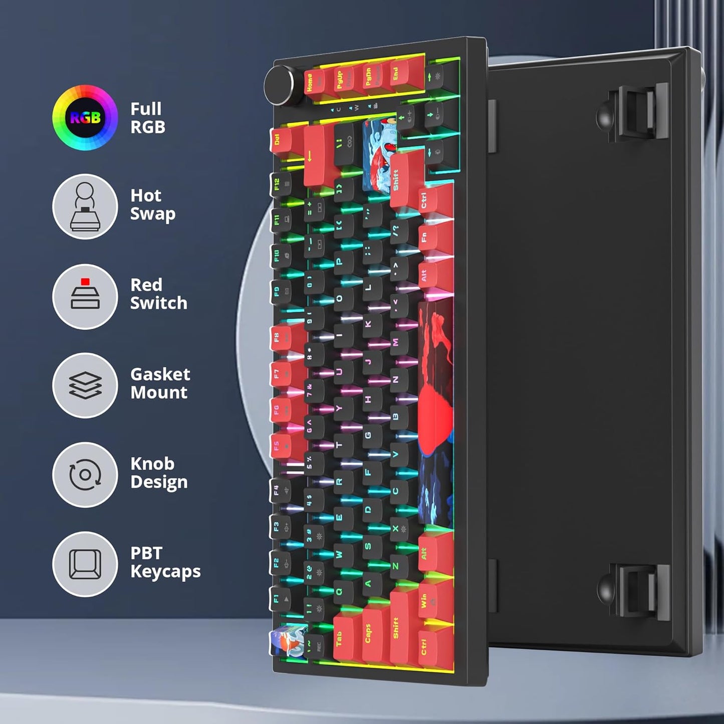 75 Percent Keyboard Gasket-Mounted with Sound Absorbing Pads, 82-Key Compact Wired RGB Mechanical Gaming Keyboard Hot-Swap Socket for Win, Monster