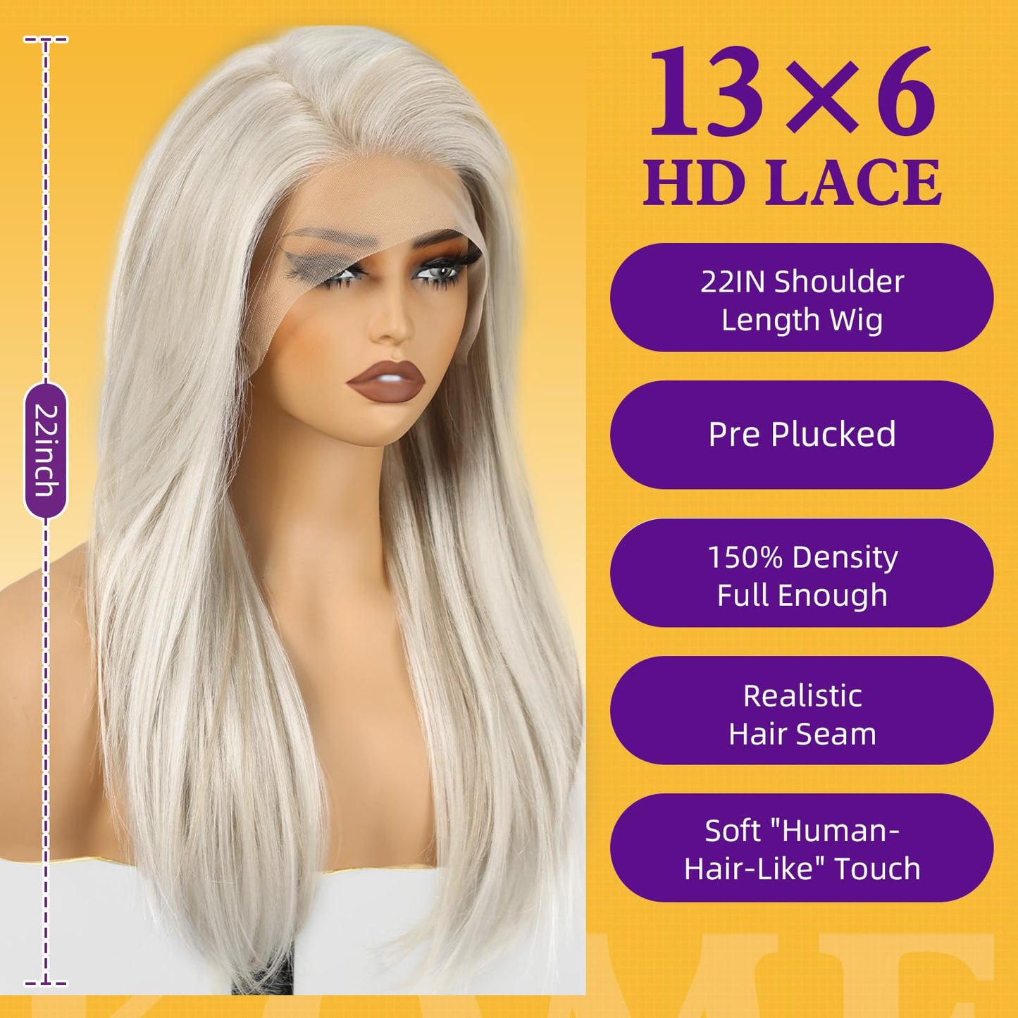 KOME Platinum Blonde Synthetic Lace Front Wig,13X6 Long Straight Layered Glueless Wigs for Women Daily Use 22IN