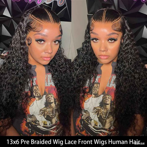 Burmese Curly Wig Human Hair Pre Braided Wig 13x6 Water Wave Lace Front Wigs Human Hair 180% Density Glueless Transparent Lace Frontal Wigs Pre Plucked for Black Women with Spiral End (22 Inch)