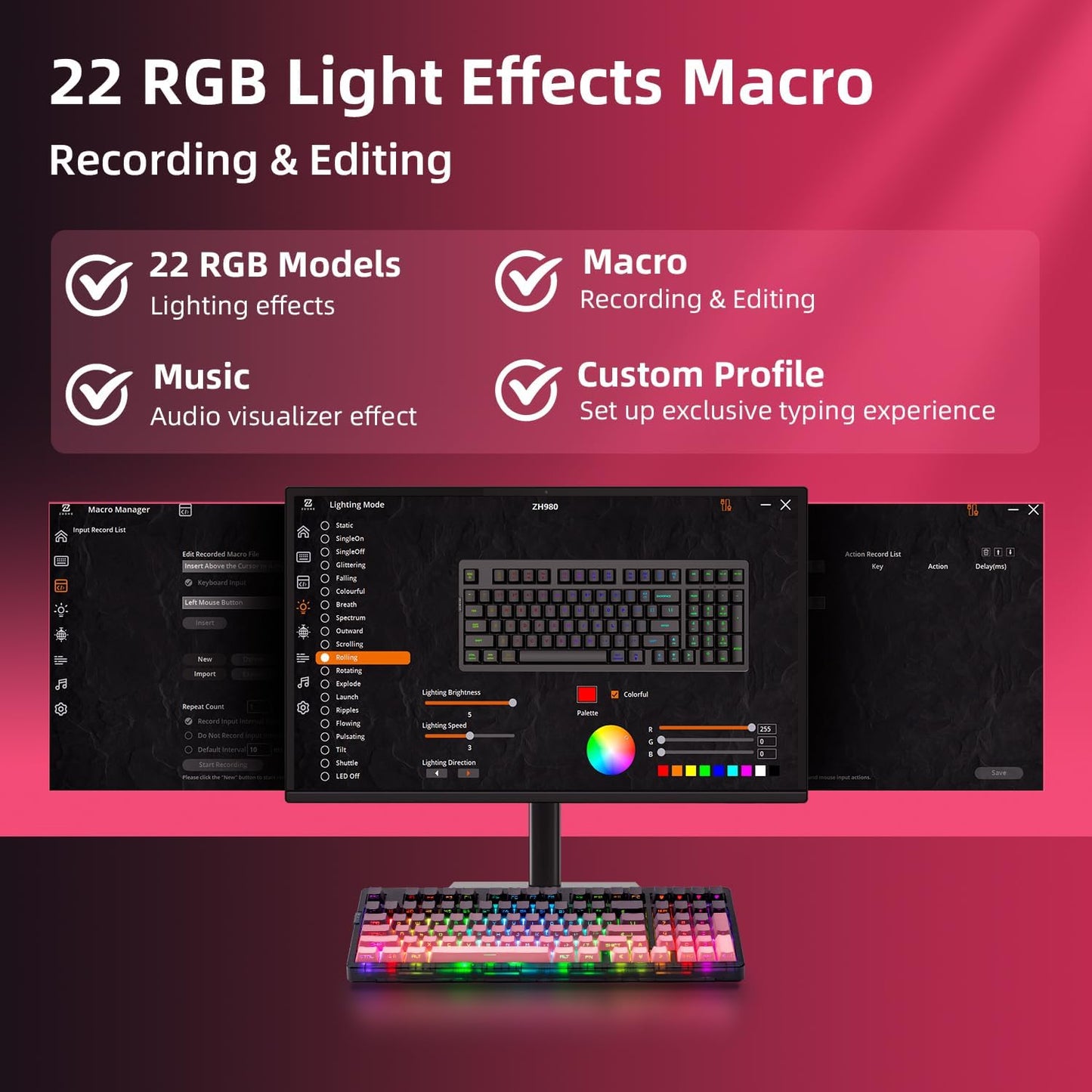 ZORNHER ZH980 Wireless Mechanical Gaming Keyboard,95% Pink & Purple Custom Keyboard with Number Pad,Lighted Up PBT Keycaps,Pre-lubed Clicky Blue Switches,Hot-Swappable,RGB Backlit,2.4GHz/USB-C/BT5.0